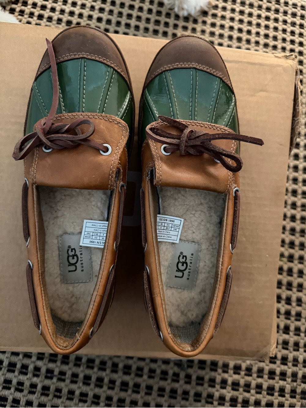 UGG Women’s Green‎ and Brown Leather Shearling-Lined Boat Shoes